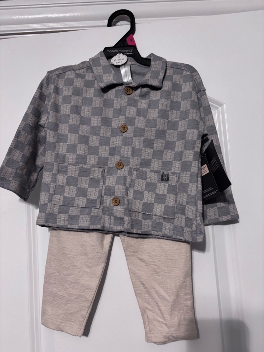 NWT Gerber Gray Check Button Front Jacket and Tan Pants 2 piece set 18m
